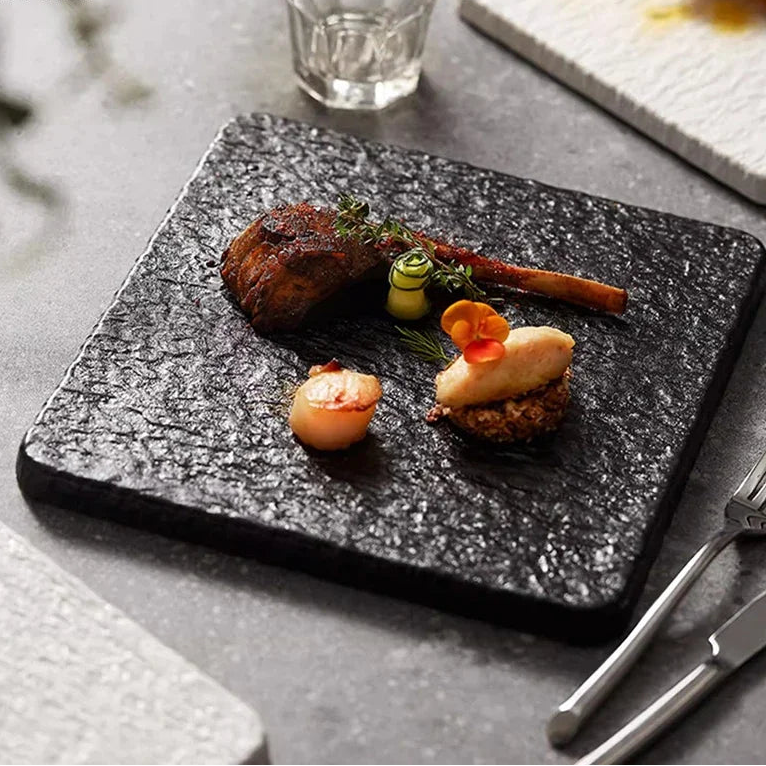 Ishikawa Stone-Effect Ceramic Serving Plate – Steak, Sushi & Dessert Plate