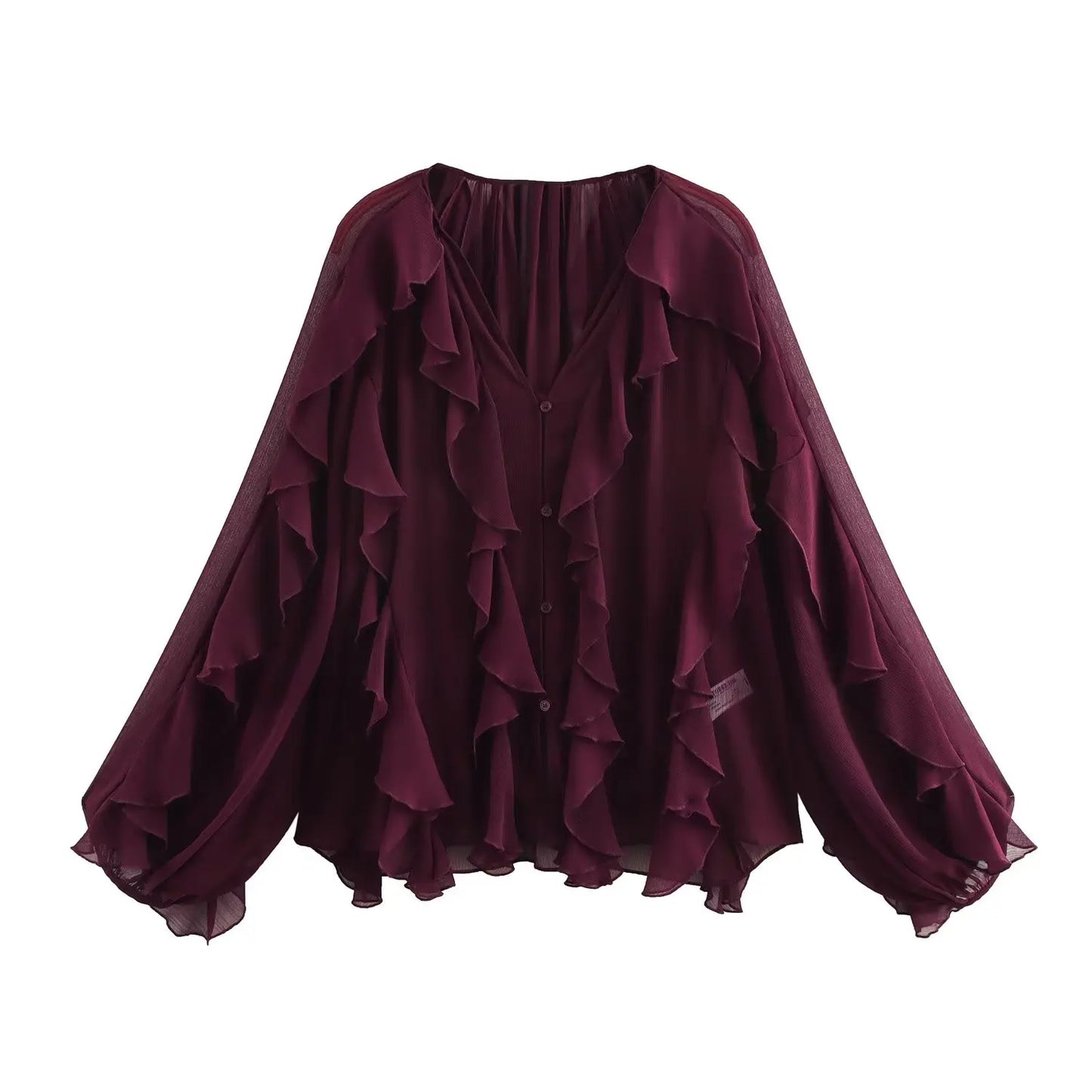 Senara Flared Ruffle Blouse – Feminine V-Neck Shirt in Claret, Green, Cream & Black