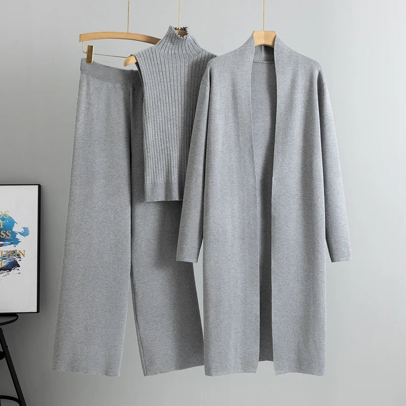 Aravelle Three-Piece Knit Co-Ord Set – Ribbed High Neck Top, Longline Cardigan and Wide-Leg Trousers
