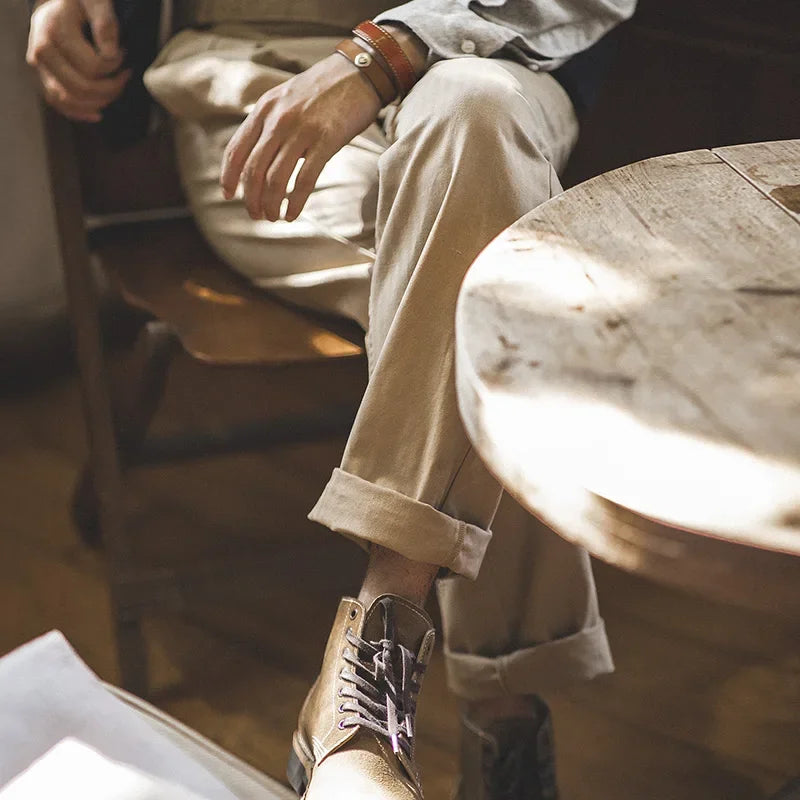 Carrick Pleated Chino Trousers – Sand Belted Adjustable Waist Straight Leg Men's Cotton Trousers