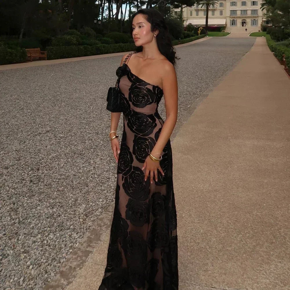 Roselisse One Shoulder Rose Appliqué Mesh Maxi Dress – Black Floral Evening Gown for Wedding Guest & Partywear
