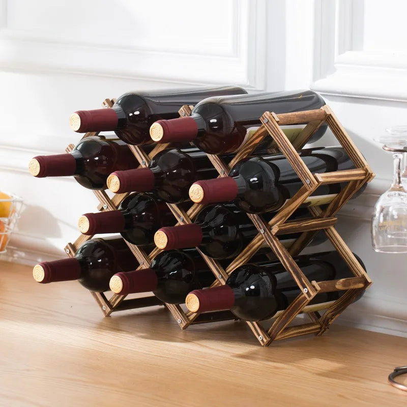Foldable Wooden Wine Rack – Stackable Bottle Holder Stand for Kitchen & Home Storage, 5 or 10 Bottle Capacity