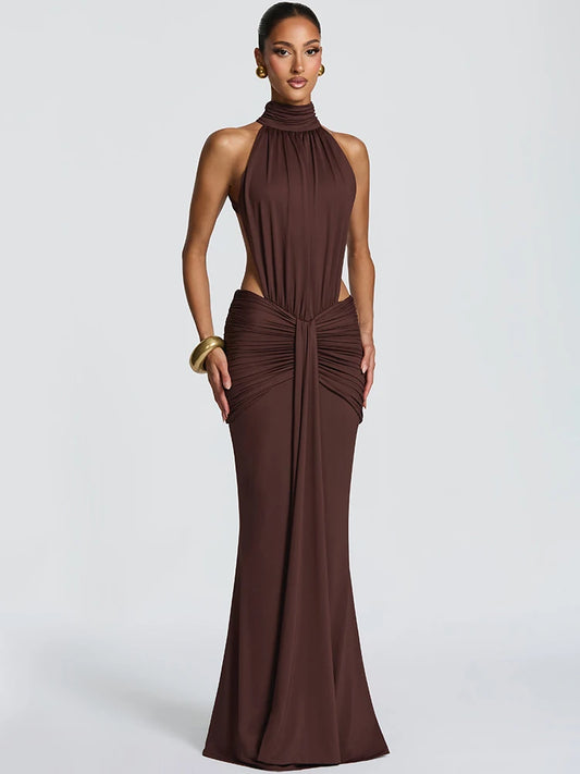 Elvaria High Neck Backless Ruched Bodycon Maxi Dress – Evening, Party & Wedding Guest Gown