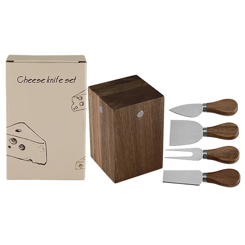 Acacia Wood Magnetic Cheese Knife Set – 5-Piece Stainless Steel Cheese Knives with Wooden Block Holder