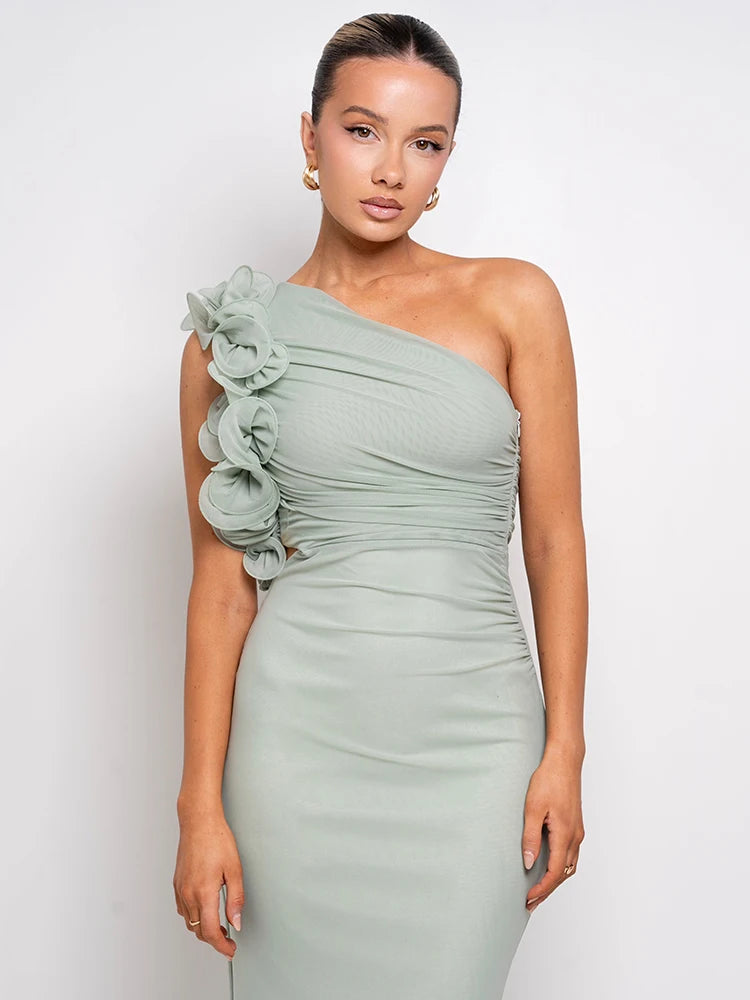 Delphina One Shoulder Ruched Maxi Dress with Floral Appliqué – Black or Green Wedding Guest Outfit