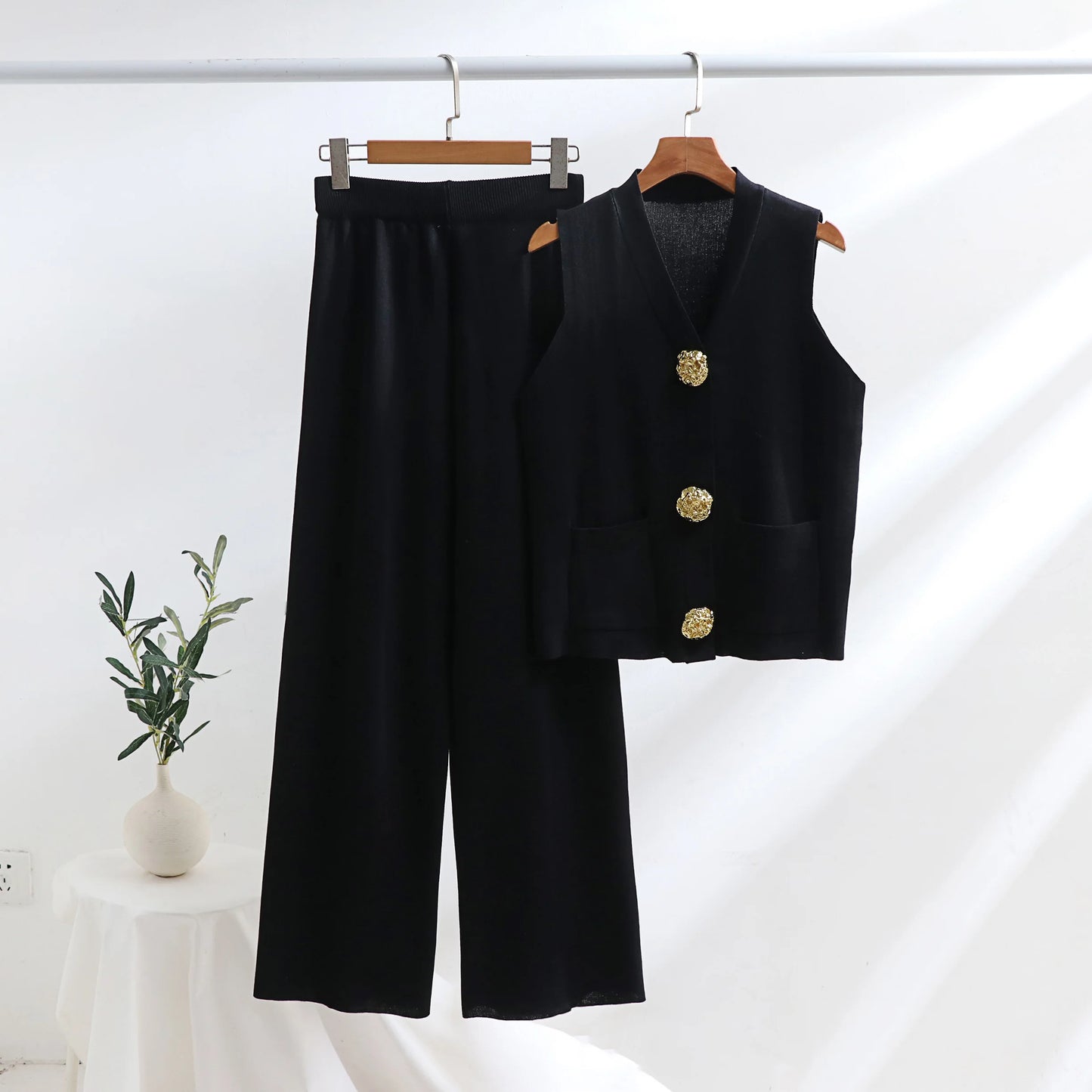 Solvaira Gold Button Knit Co-Ord Set – Sleeveless Knit Two Piece with Wide Leg Trousers for Summer & Holiday Outfits