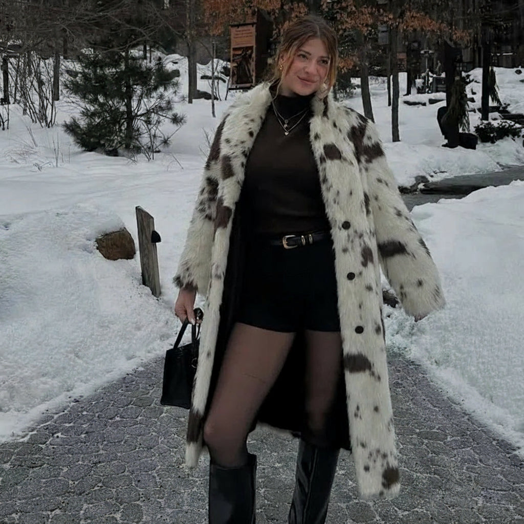 Carmisse Longline Faux Fur Coat – Women’s Luxury Oversized Cow Print Animal Faux Fur Jacket for Winter Outerwear & Statement City Style