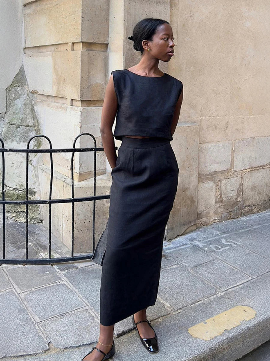 Midi Skirt And A Line Skirt Co Ord Calais White Sleeveless Crop