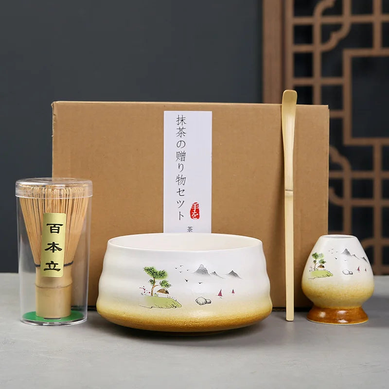 Japanese Matcha Tea Ceremony Set – 2/4/5 - Piece Matcha Tea Whisk, Bowl, Sifter & Bamboo Spoon Gift Box