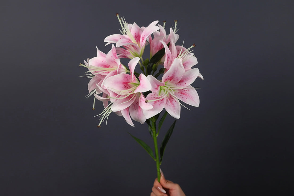 Lilyana Silk Lily Stem – Faux Lily Flower Bouquet with 10 Heads for Tall Vases, Wedding Flowers and Home Décor