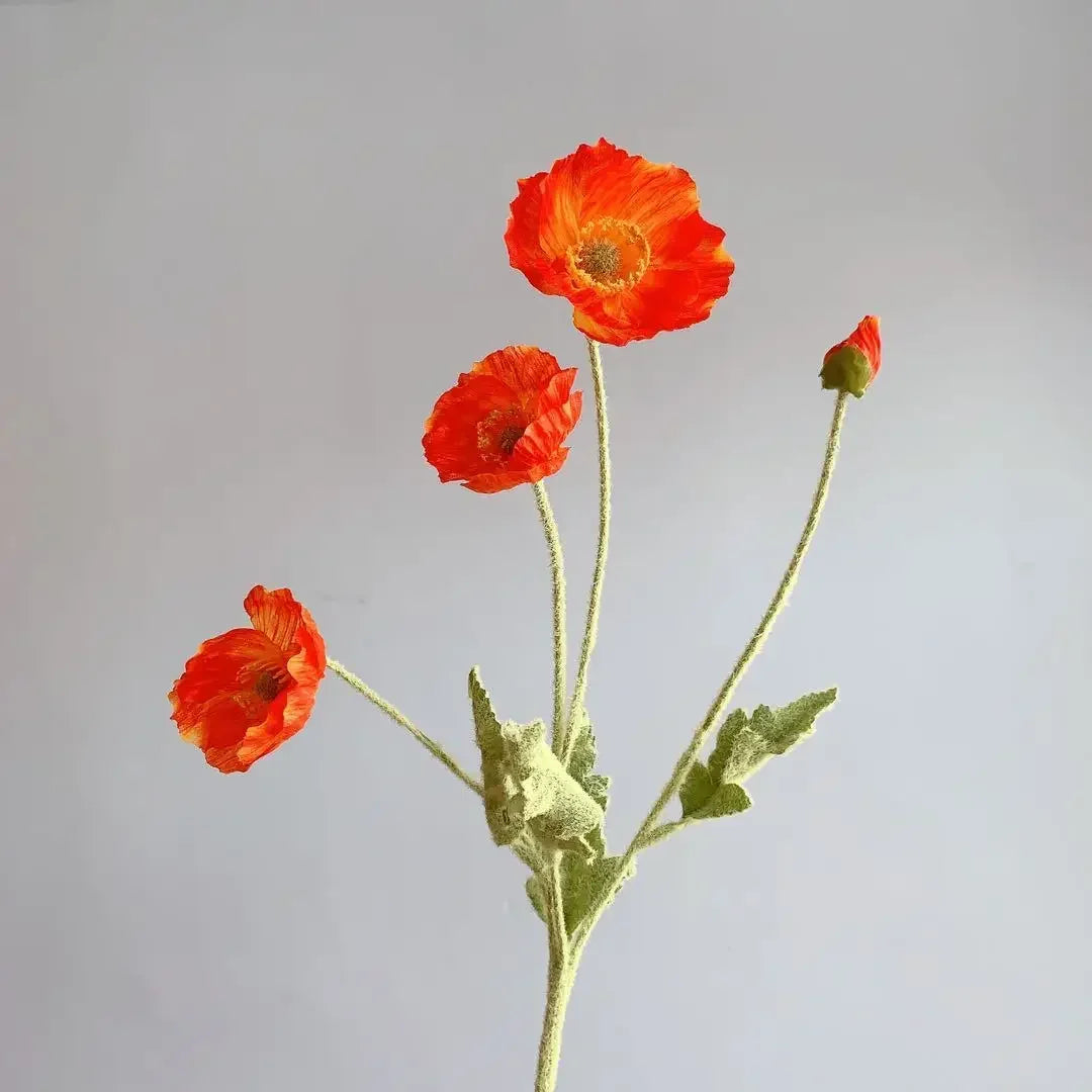 Meadow Poppy Stem Bundle – Silk Poppy Flower Stem with 3 Blooms and 1 Bud for Vase Arrangements and Home Styling