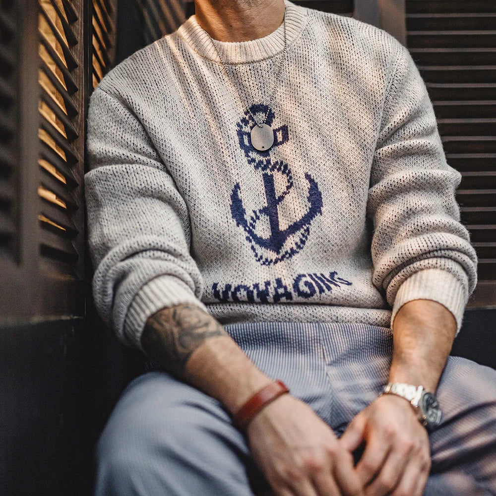 Branford Men’s Anchor Knit Sweater – Graphic Round Neck Pullover for Autumn Winter Layering