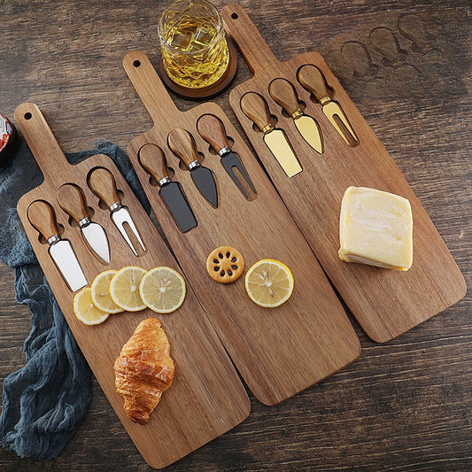 Acacia Cheese Board with 3-Piece Knife Set – Wooden Charcuterie Serving Tray with Stainless Steel Cutlery