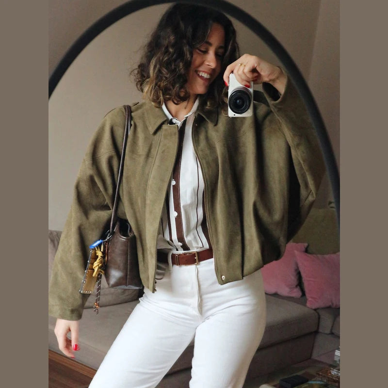 Sarvenna Faux Suede Balloon Bomber Jacket – Women’s Oversized Jacket in Black, Claret, Mocha & Khaki
