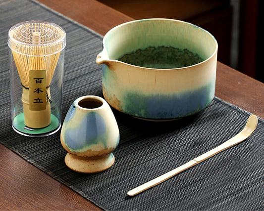 Matcha 4 Piece Tea Set with Bamboo Whisk and Ceramic Bowl – Japanese Green Tea Ceremony Kit