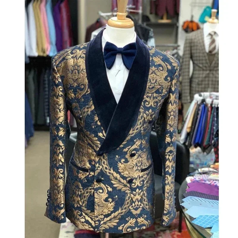 Cavendish Men’s Slim Fit Navy & Gold Brocade Dinner Jacket – Double-Breasted Velvet Shawl Lapel Tuxedo Blazer for Weddings & Black-Tie Events