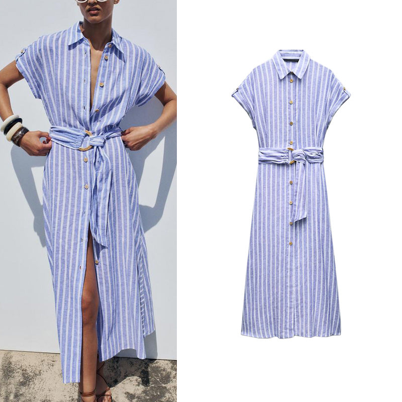 Alira Blue Stripe Shirt Dress – Button Front Midi Belted Summer Dress with Collar