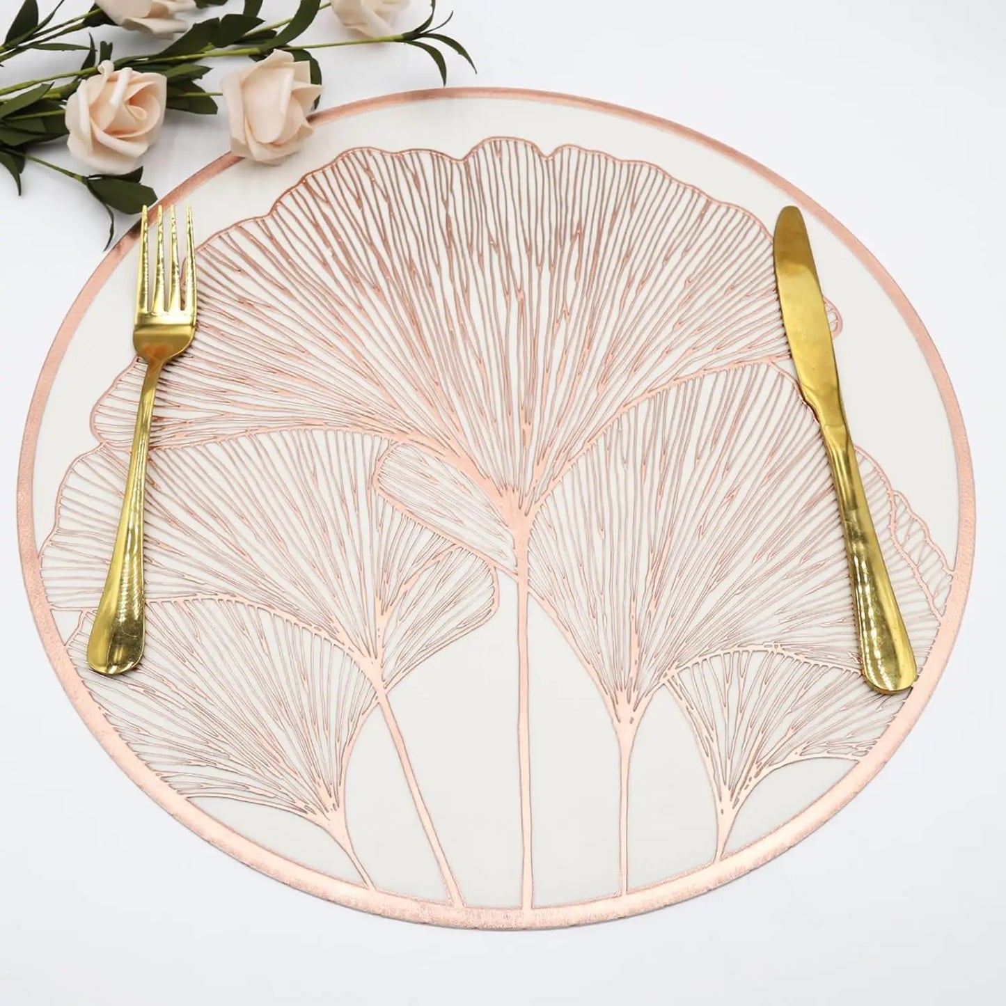 Ginkgo Leaf Round Dining Placemats – 6 Piece Set Non Slip Waterproof Table Mats 38cm Heat Resistant Wipe Clean Dining Table Mats