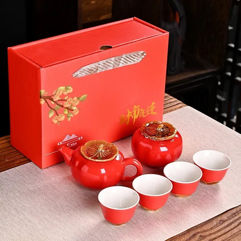 Red Ceramic Teapot & Teacup Set – Traditional Style Afternoon Tea Gift Set with 4/6 Pieces