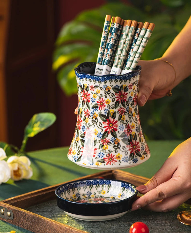 Floria Ceramic Utensil Holder – Floral Kitchen Utensil Caddy with Drain Base, Cutlery Holder, Spoon Fork Storage Organiser