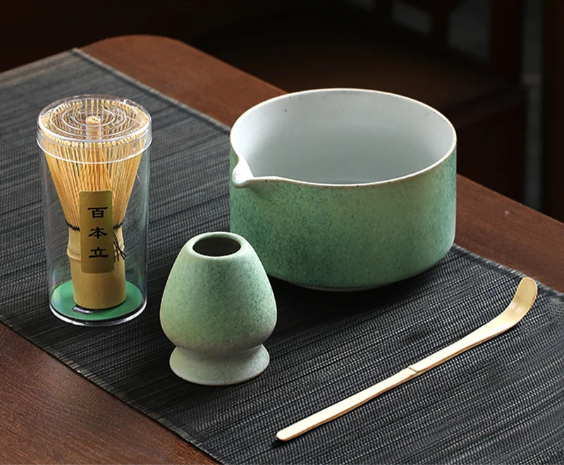 Matcha 4 Piece Tea Set with Bamboo Whisk and Ceramic Bowl – Japanese Green Tea Ceremony Kit