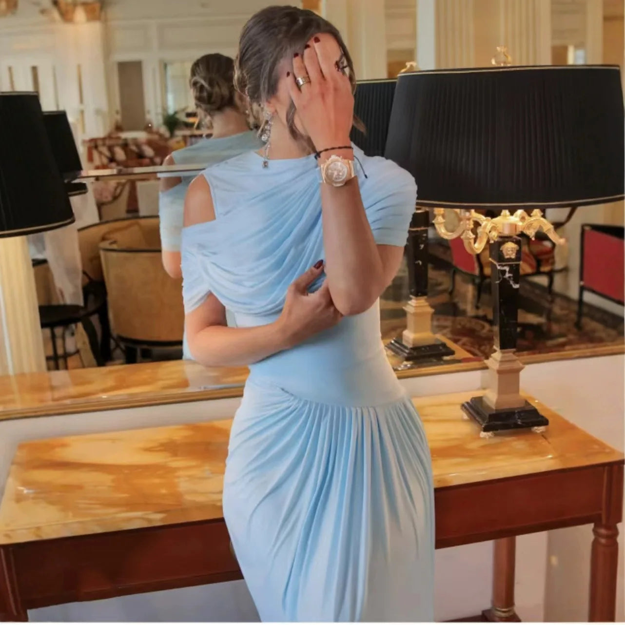 Aveline Draped Mesh Maxi Dress – Bodycon Evening Gown, Elegant Wedding Guest Dress & Occasion Maxi