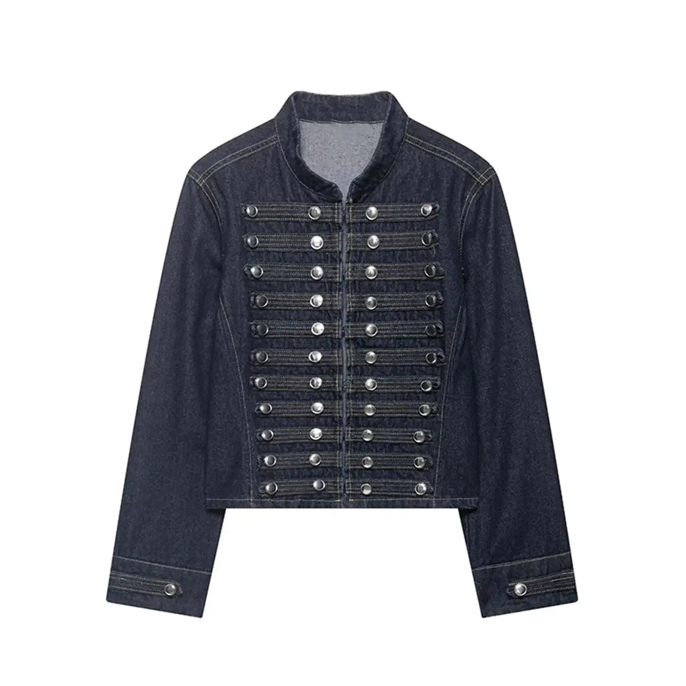 Elarique Military Button Denim Jacket – Cropped Collarless Women's Jacket
