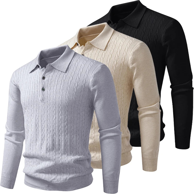 Mens Textured Knit Polo Jumper – Cable Knit Long Sleeve Pullover with Button Neck