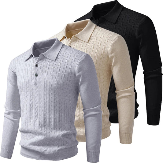 Mens Textured Knit Polo Jumper – Cable Knit Long Sleeve Pullover with Button Neck