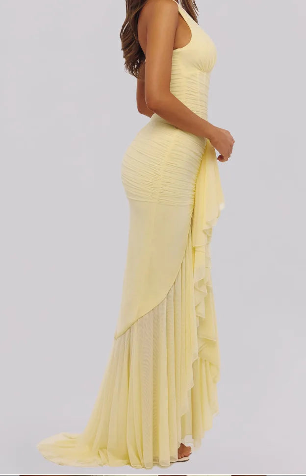 Soleya Halter Neck Ruched Maxi Dress – Yellow Wedding Guest Dress