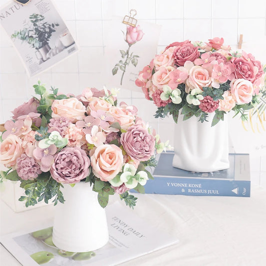 Blush Rose & Hydrangea Flower Bouquet – Pink Faux Floral Centrepiece for Home Decor