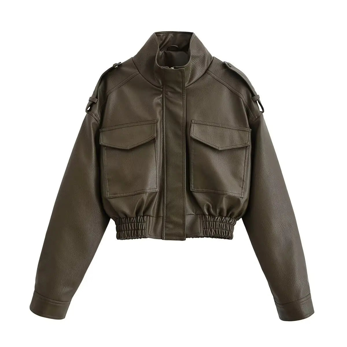 Varelis Cropped Faux Leather Jacket – Women’s Zip Front Outerwear with Utility Front Pockets