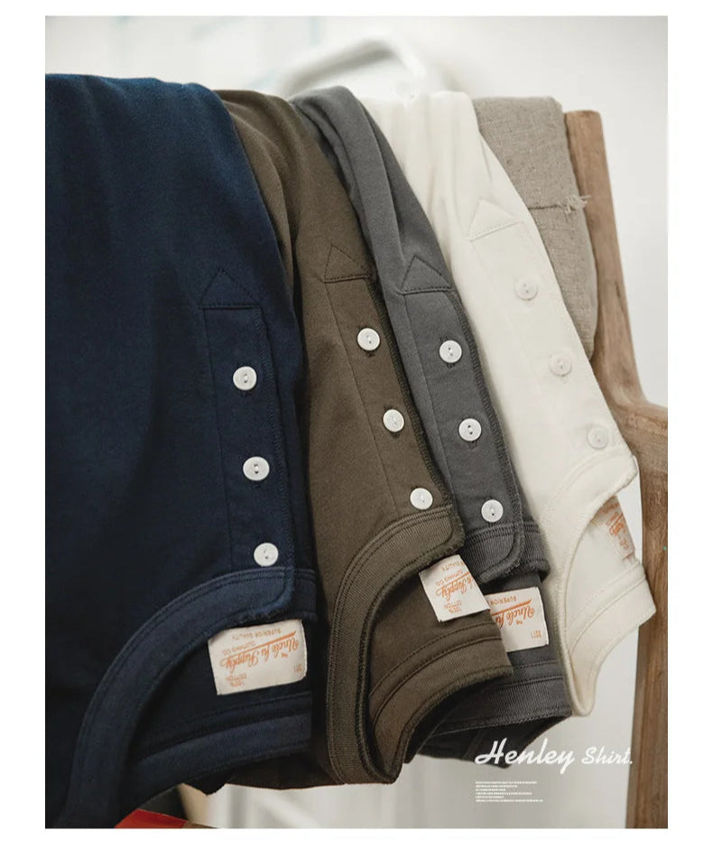 Henley Buttoned Short Sleeve T-Shirt – Premium Structured Fit Essential in Navy, Cream, Grey & Army Green