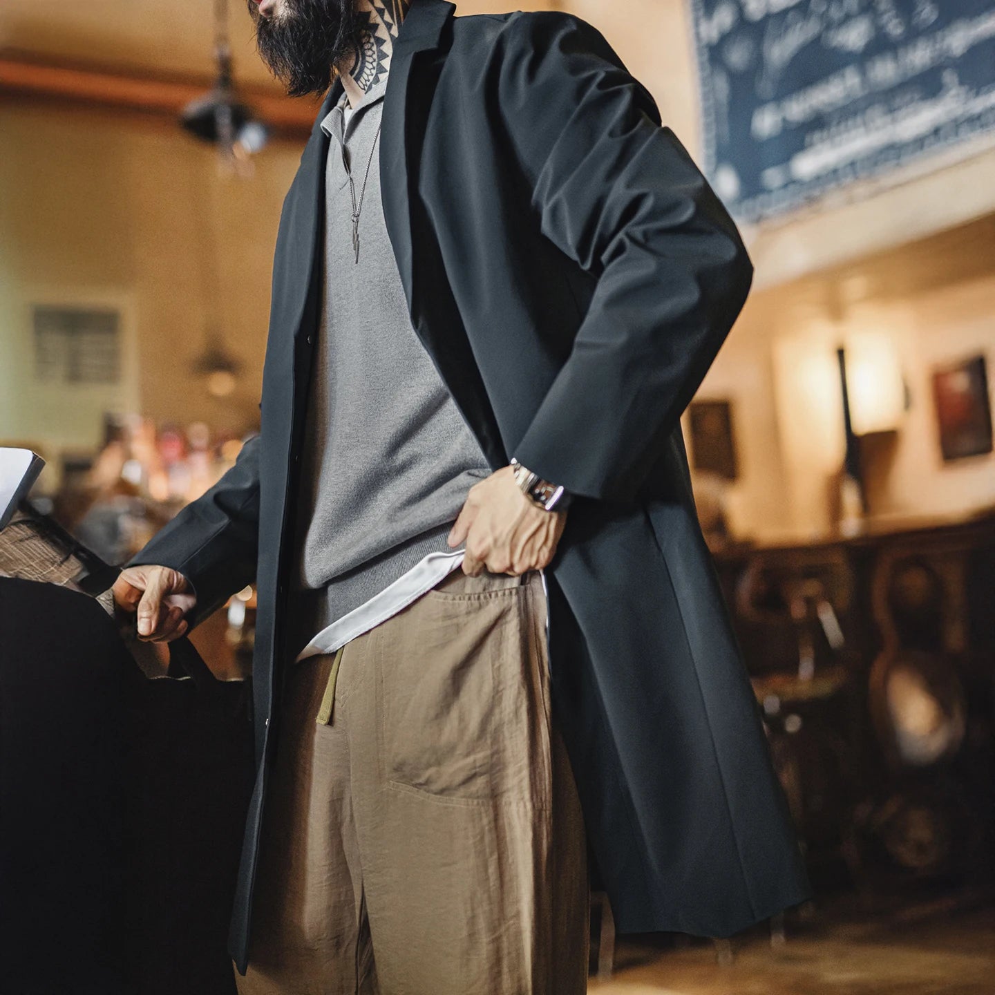 Arleston Single-Breasted Overcoat – Men’s Long Navy Jacket with Lapel Collar & Pockets