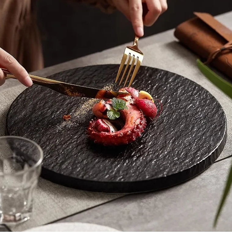 Ishikawa Stone-Effect Ceramic Serving Plate – Steak, Sushi & Dessert Plate