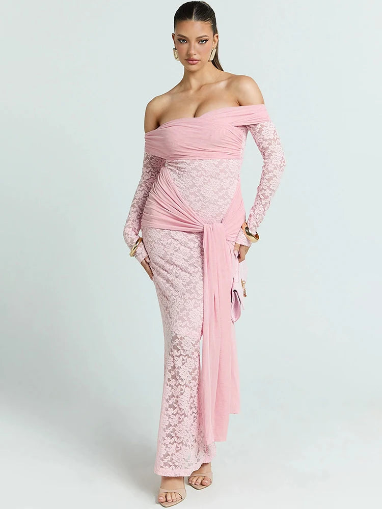 Amelisse Off-Shoulder Lace Draped Maxi Dress – Long Sleeve Formal Evening Dress,Wedding Guest Gown