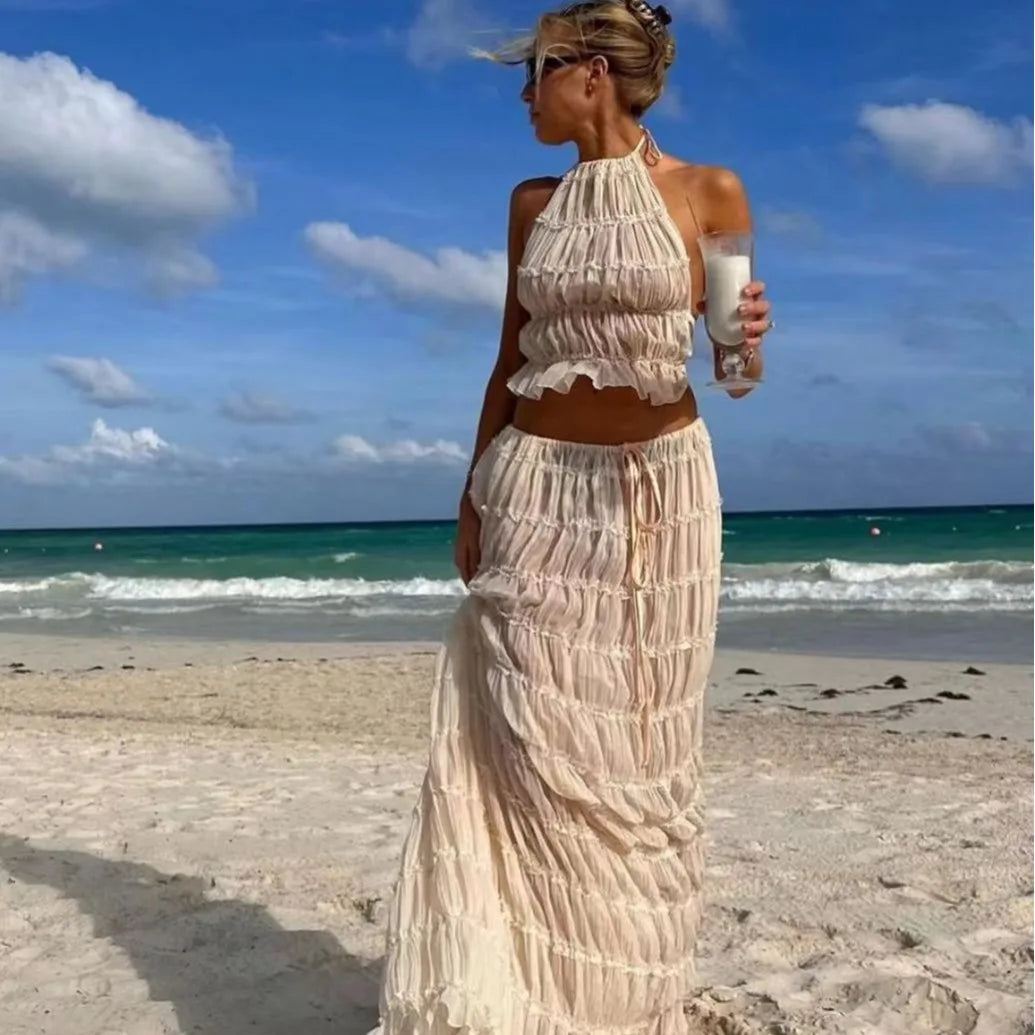 Averra Ruched Backless Co-Ord Set – Cream Halter Top and Maxi Skirt Two Piece Summer Holiday Outfit