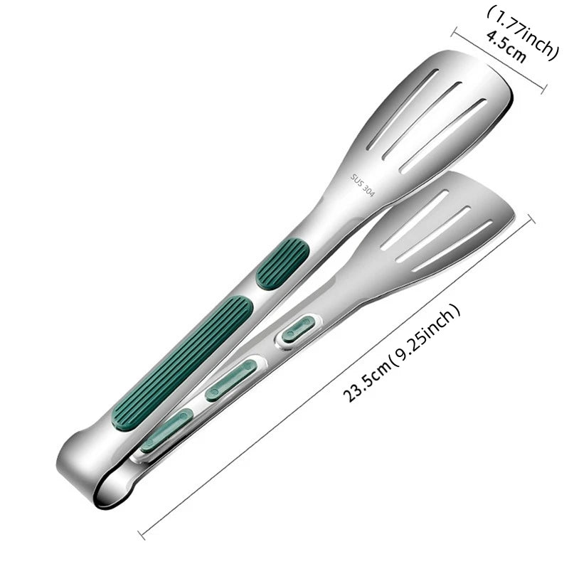 Stainless Steel BBQ Tongs With Green Wide Grip Handle – Non-Slip Kitchen & Grill Food Turner Clip