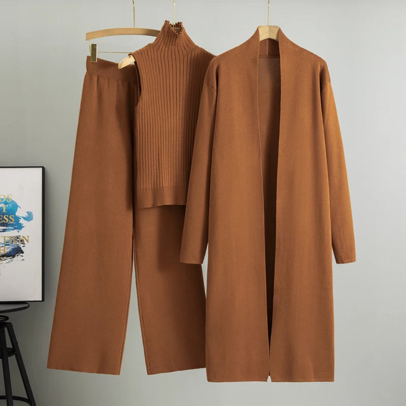 Aravelle Three-Piece Knit Co-Ord Set – Ribbed High Neck Top, Longline Cardigan and Wide-Leg Trousers