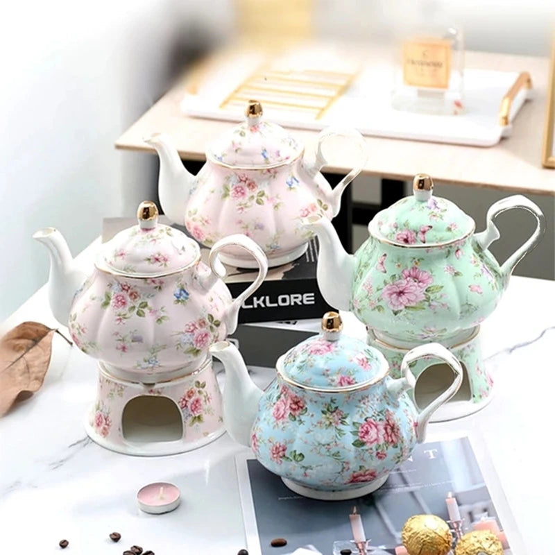 English Garden Ceramic Teapot with Candle Warmer – Vintage Floral Afternoon Tea Pot