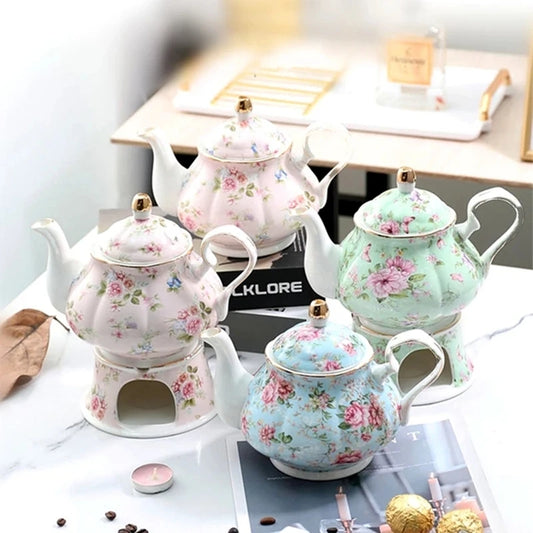 English Garden Ceramic Teapot with Candle Warmer – Vintage Floral Afternoon Tea Pot