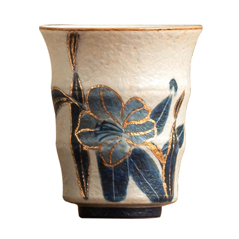 Lily Bloom Hand-Painted Ceramic Tea Cup – Blue Floral Matcha Cup, Espresso Cup, Loose Leaf Tea Cup, Decorative Tea Bowl