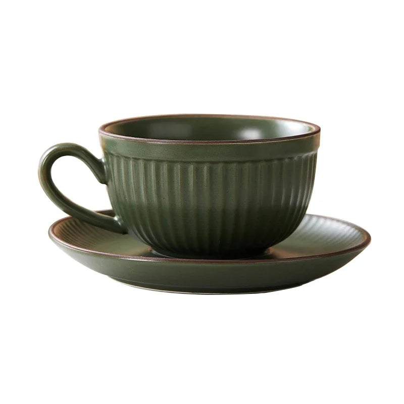 Ribbed Ceramic Tea and Coffee Cup and Saucer Set – Textured Cup with Handle, Modern Kitchen Drinkware