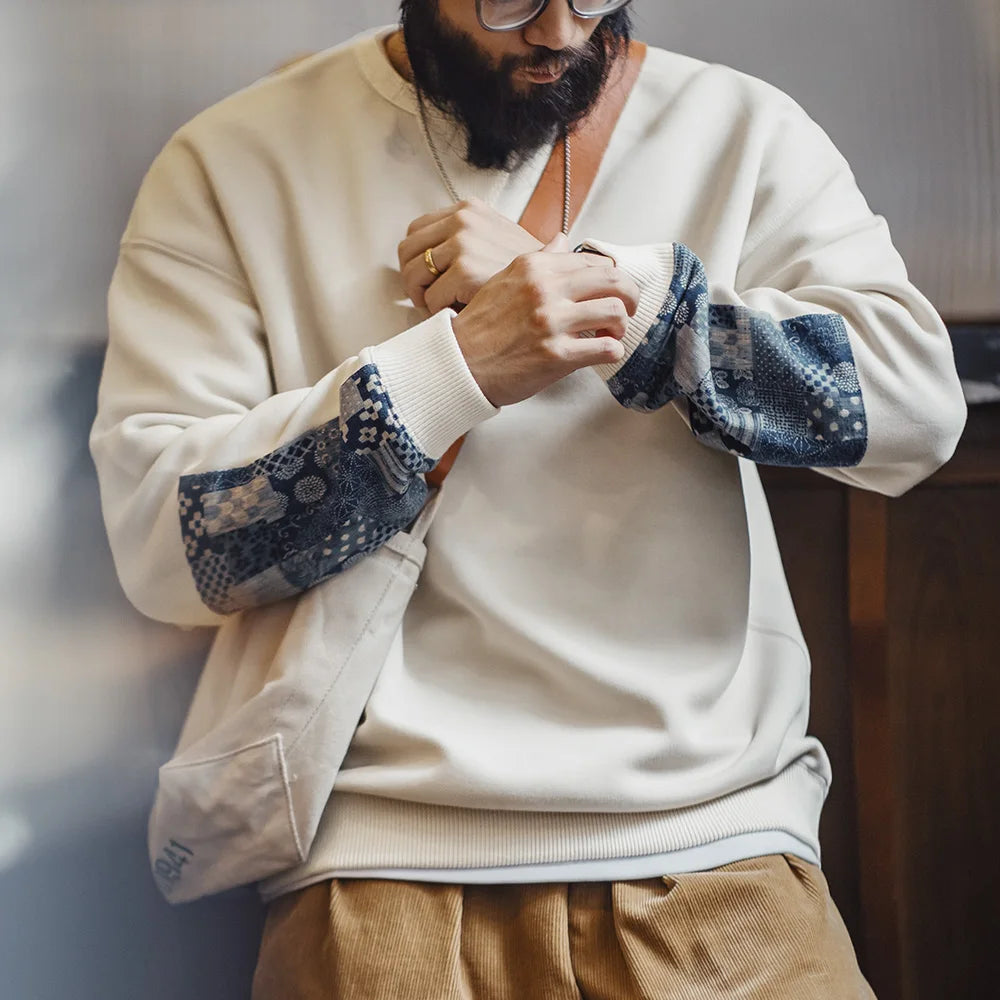 Renslow Patchwork Detail Crew Neck Sweatshirt – Men's Casual Pullover Jumper in Coffee & Cream