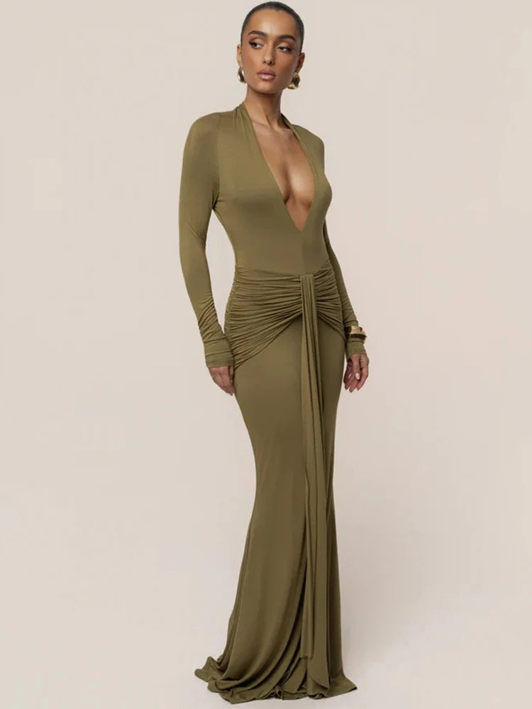 Virelia Plunge Neck Maxi Dress – Ruched Open Back Occasion Dress
