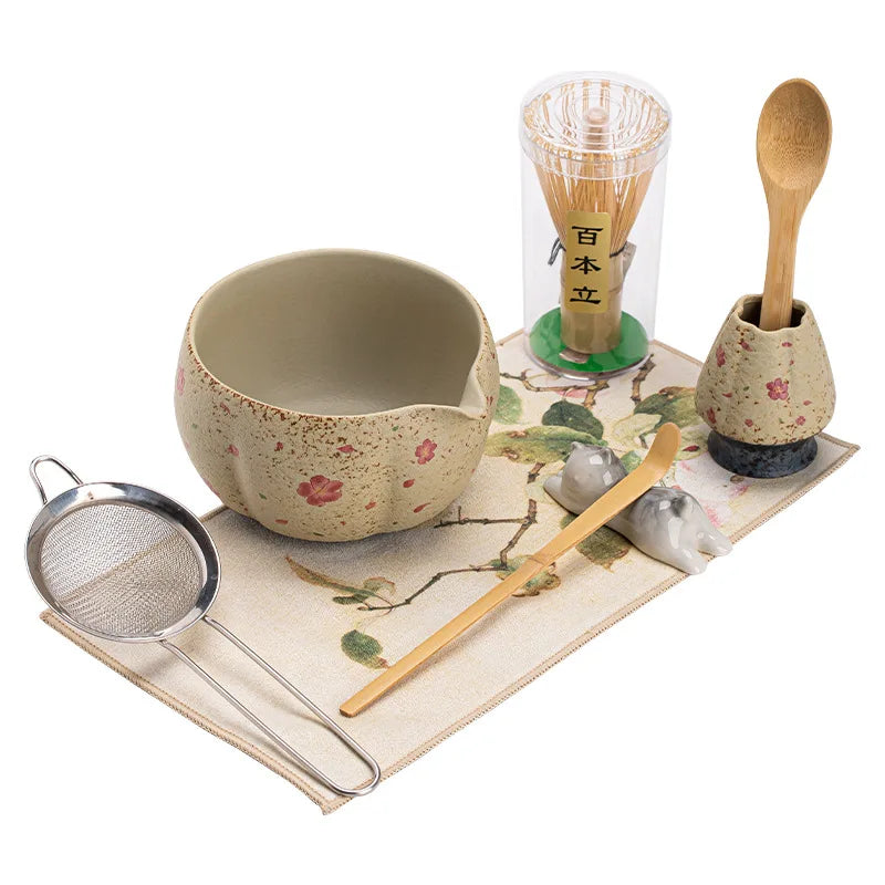 Japanese Matcha Gift Set – 2/4/8 Piece Tea Ceremony Kit with Floral Bowl, Bamboo Whisk & Tools