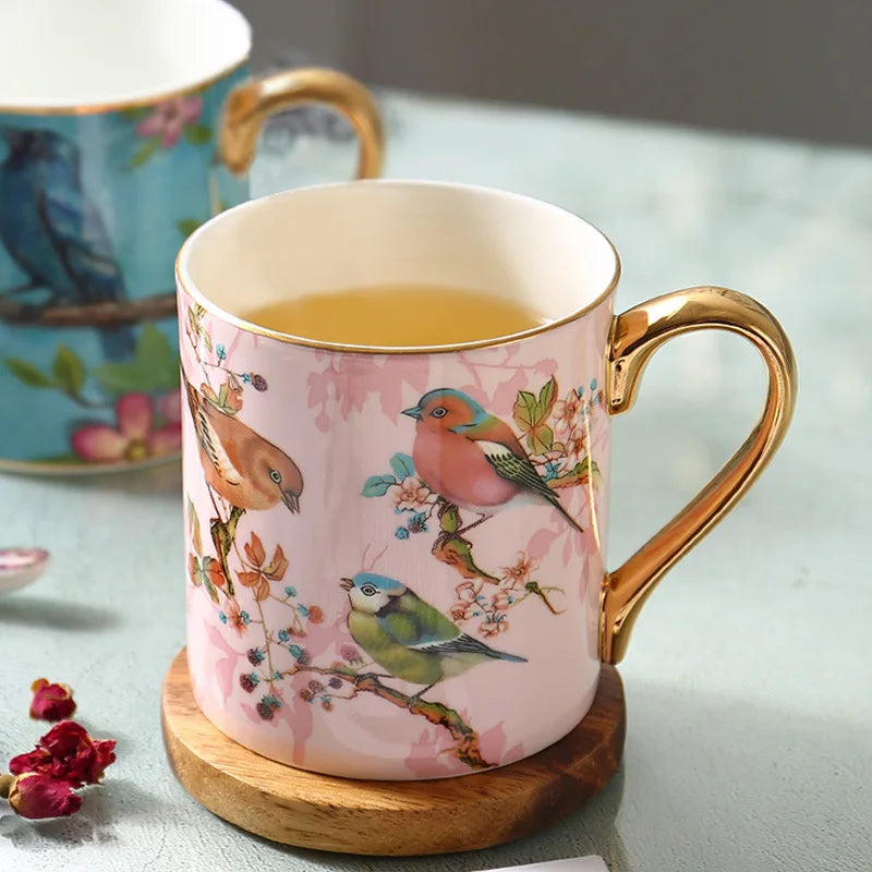 Avirel Bird Print Ceramic Mug – Gold Handle Tea & Coffee Cup