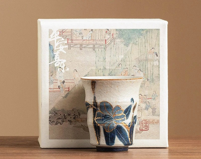 Lily Bloom Hand-Painted Ceramic Tea Cup – Blue Floral Matcha Cup, Espresso Cup, Loose Leaf Tea Cup, Decorative Tea Bowl