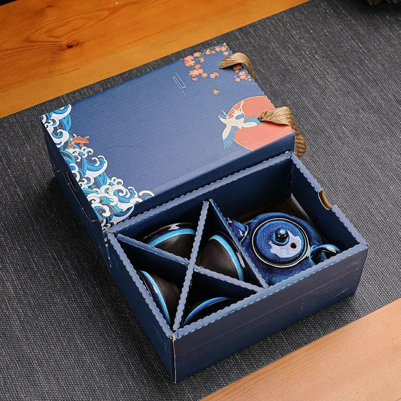 Midnight Blue Ceramic Teapot & Teacup Set – 5-Piece Traditional Style Tea Set with Gift Box