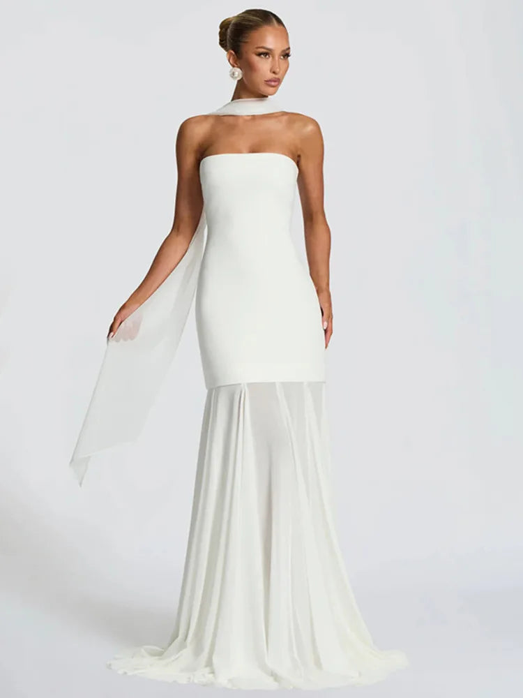 Laretta Strapless Maxi Dress with Scarf Detail – Elegant Evening Gown for Partywear, Formal Events & Wedding Guests